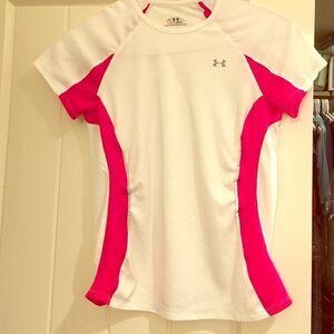 Women's White & Pink Under Armour Heat Gear Athletic Tee Size Medium